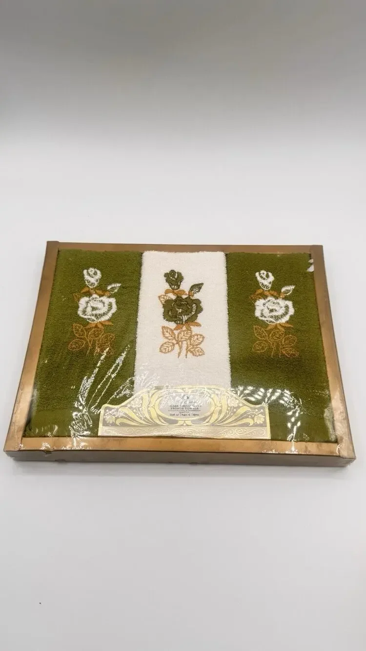 VTG MCM Royal Terry Avocado Floral Hostess Towel Set Made In USA Sealed